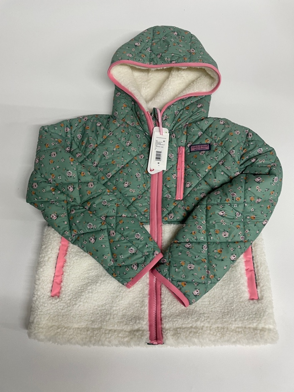 Vineyard Vines Quilted Floral Sherpa Hooded Puffer with Pink Trim